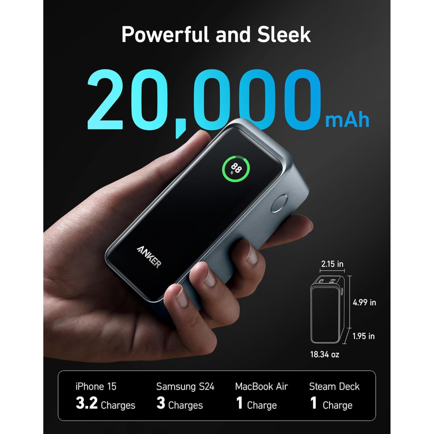 Anker Prime Power Bank, 20,000mAh Portable Charger with 200W Output, Smart Digital Display, 2 USB-C and 1 USB-A Port