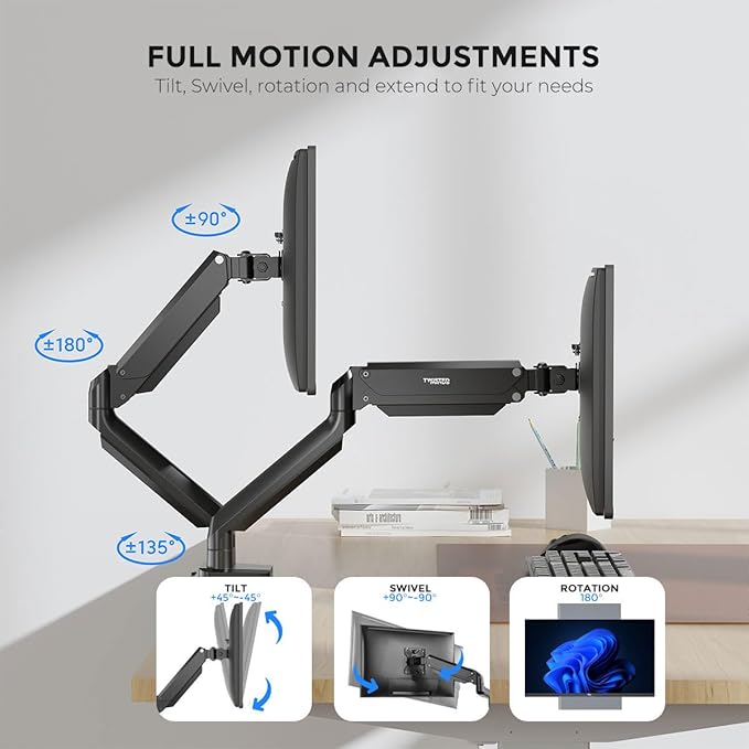 Twisted Minds TM 26 C012 Dual Monitor Arm – Compact Aluminum Gas Spring Mount for 17