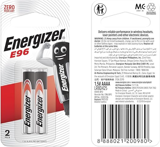 Energizer E96 Alkaline AAAA Batteries Pack of 2