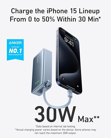 Anker Nano Power Bank, 10,000mAh Portable Charger with Built-in USB-C Cable, 30W-A1259H31
