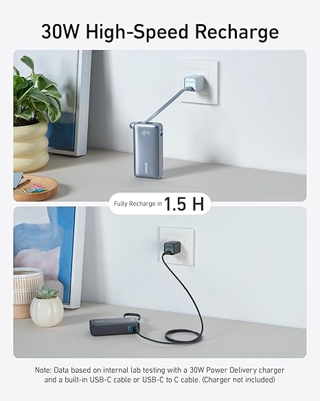 Anker Nano Power Bank, 10,000mAh Portable Charger with Built-in USB-C Cable, 30W-A1259H31