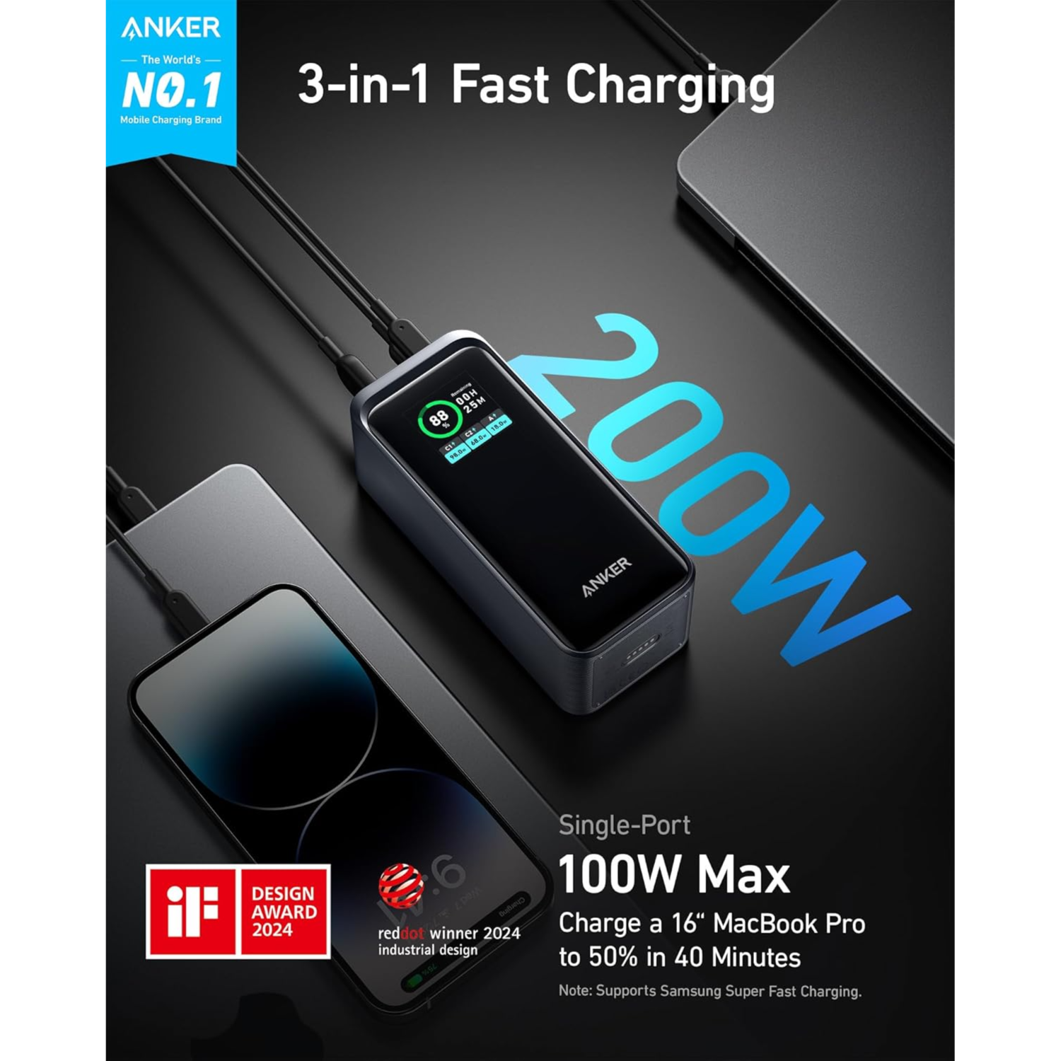Anker Prime Power Bank, 20,000mAh Portable Charger with 200W Output, Smart Digital Display, 2 USB-C and 1 USB-A Port