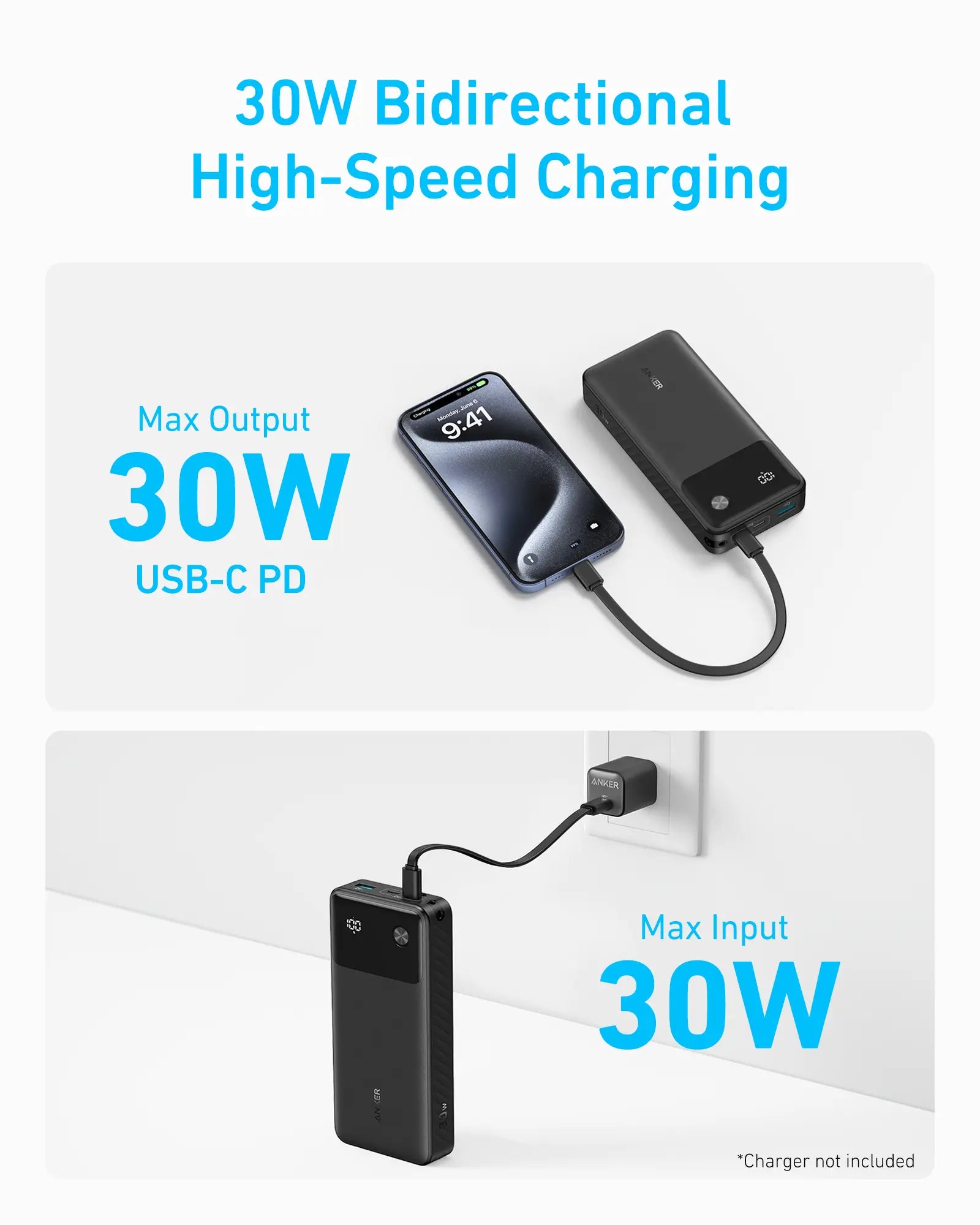 Anker Power Bank Powercore 20000mAh 30W Portable Charger with USB C Cable Lanyard - A1384H11