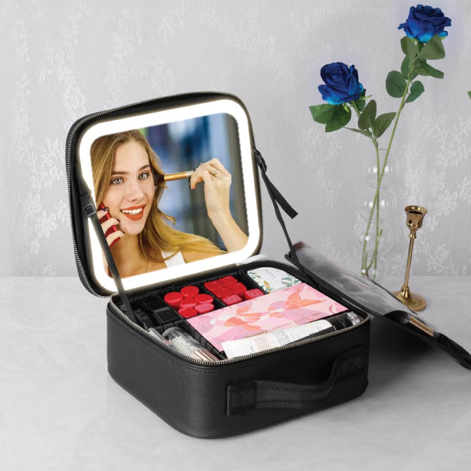 Green Lion Makeup Organizer with Lighted Mirror