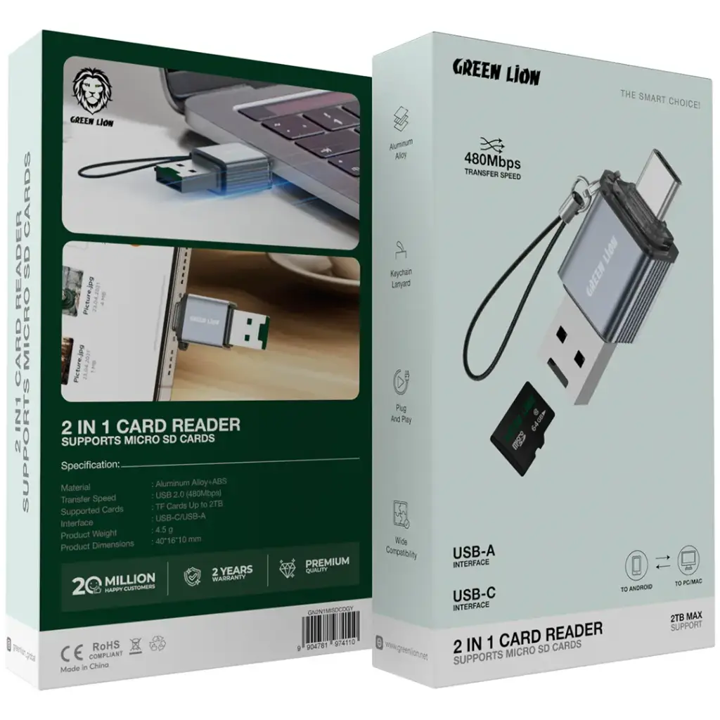 Green Lion 2 in 1 Card Reader with Micro SD Cards Support