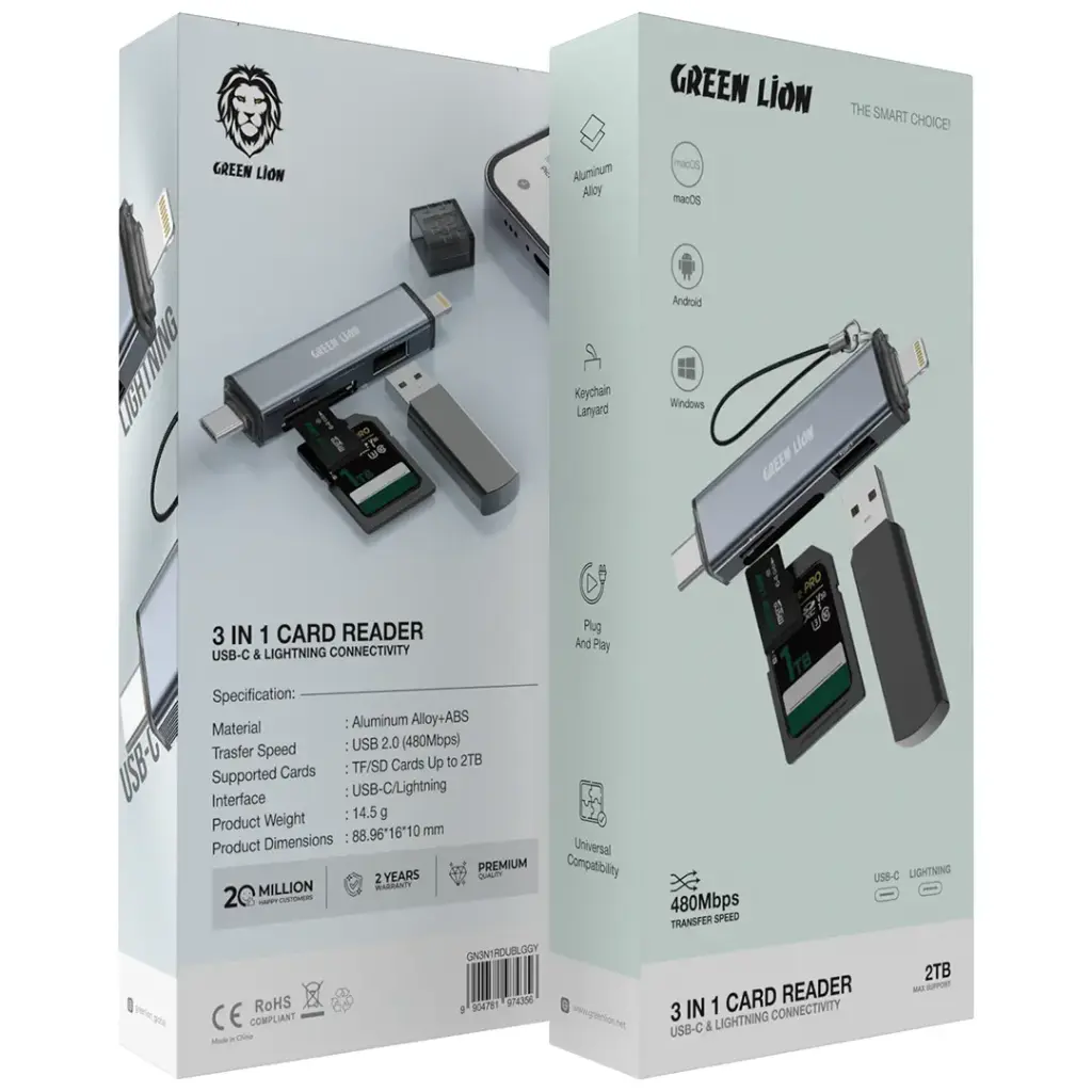 Green Lion 3 in 1 Card Reader with USB-C & Lightning Connectivity