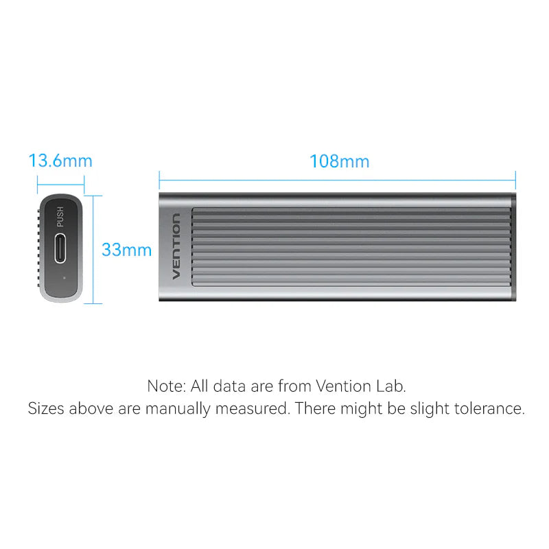 Vention M.2 NVMe SSD Enclosure (USB 3.1 Gen 2-C) with Heat Sink Gray Aluminum Alloy Type