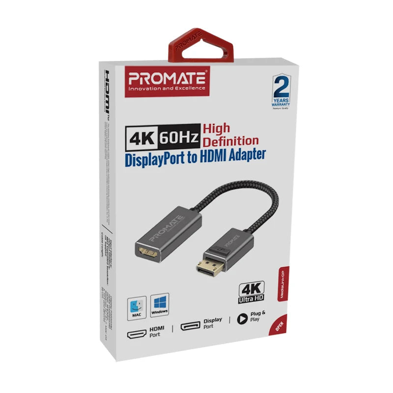 Promate Displayport To Hdmi Adapter With 4K Resolution Nylon Cable - Grey