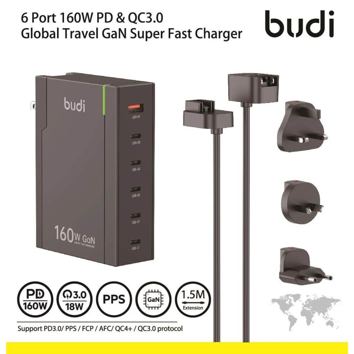 budi AC350 160W charger 6 Port GaN PD