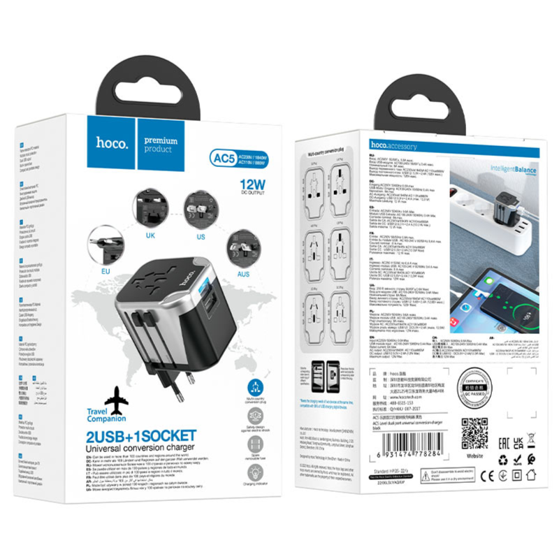 Hoco AC5 2USB+1Socket Universal Conversion Wall Charger