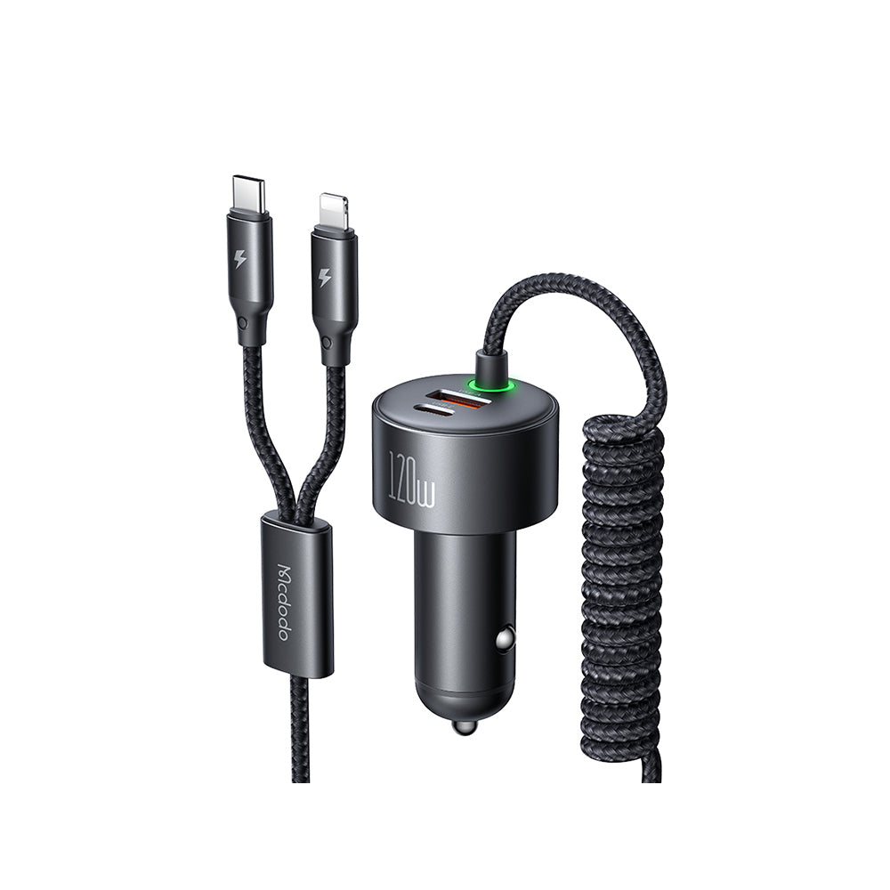 Mcdodo 120W 4-in-1Retractable Car Charger |  USB-C and Lightning retractable cables| CC-037
