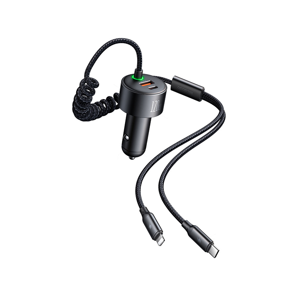 Mcdodo 120W 4-in-1Retractable Car Charger |  USB-C and Lightning retractable cables| CC-037