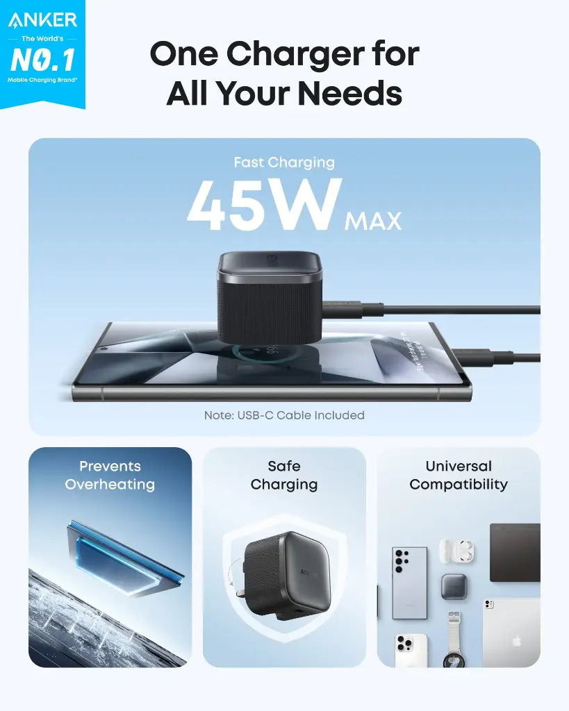 Anker 45W USB-C Nano Charger, Grey, A2692K11