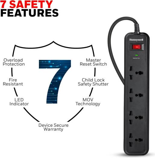 HONEYWELL 4 OUT SURGE PROTECTOR WITH MASTER SWITCH HC000013/SRG/2M/BLK/4/UK