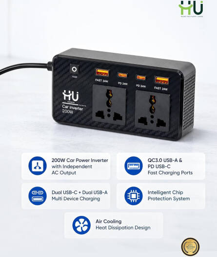 HU 200W Car Power Inverter with AC Outlet & QC3.0 + PD Fast Charging, Dual USB-C & Dual USB-A Ports Vehicle Power Converter, Intelligent Protection System, Black | HAC-1048
