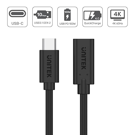 UNITEK Full-Featured USB-C Extension Cable with 4K 60Hz, 100W ,10Gbps Data (USB 3.2 Gen2)-C14086BK-1.5M