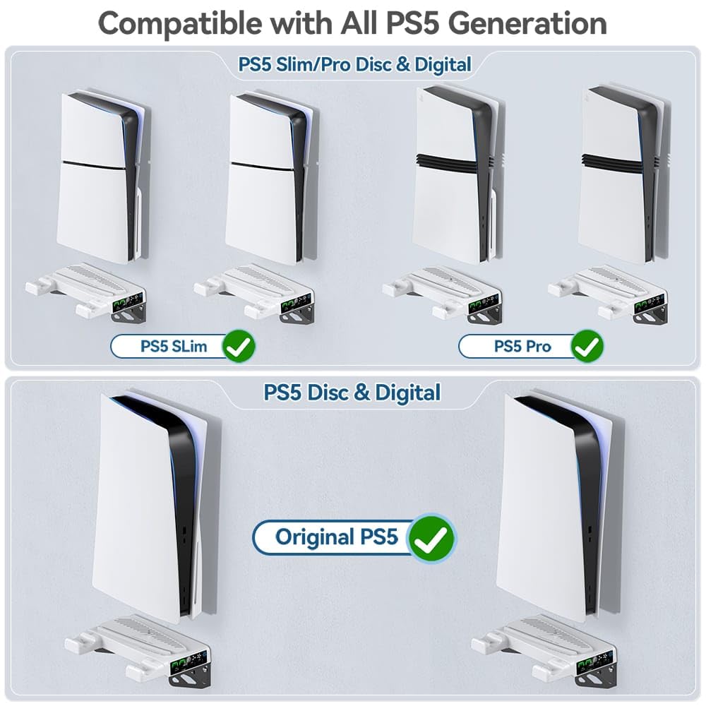 P5 Wall Mount Stand Kit Cooling Fan and Controller Charging Station PS5/PS5 Slim/PS5 Pro Disc and Digital