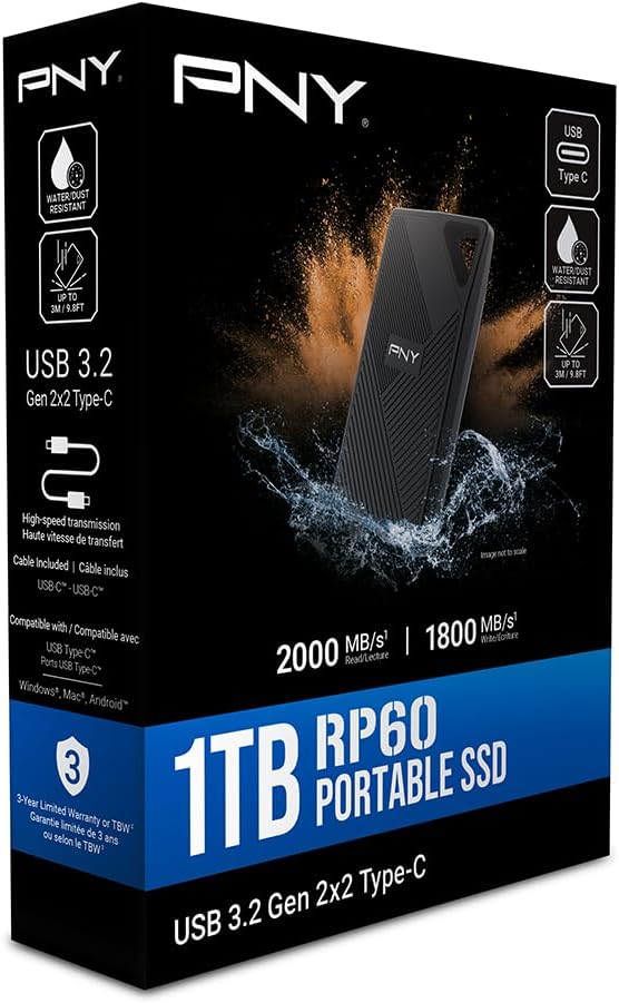 PNY RP60 1TB Portable SSD - Up to 2000MB/s, USB-C, USB 3.2 Gen2x2