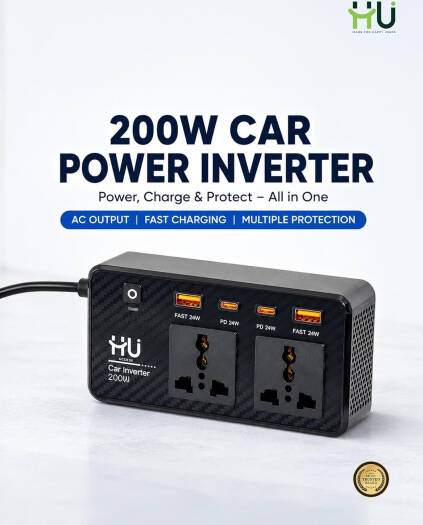HU 200W Car Power Inverter with AC Outlet & QC3.0 + PD Fast Charging, Dual USB-C & Dual USB-A Ports Vehicle Power Converter, Intelligent Protection System, Black | HAC-1048