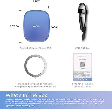 SANDISK 1TB Creator Phone SSD - Up to 1,000 MB/s - Compatible with MagSafe for Your USB-C Smartphone  SDSSDE62C