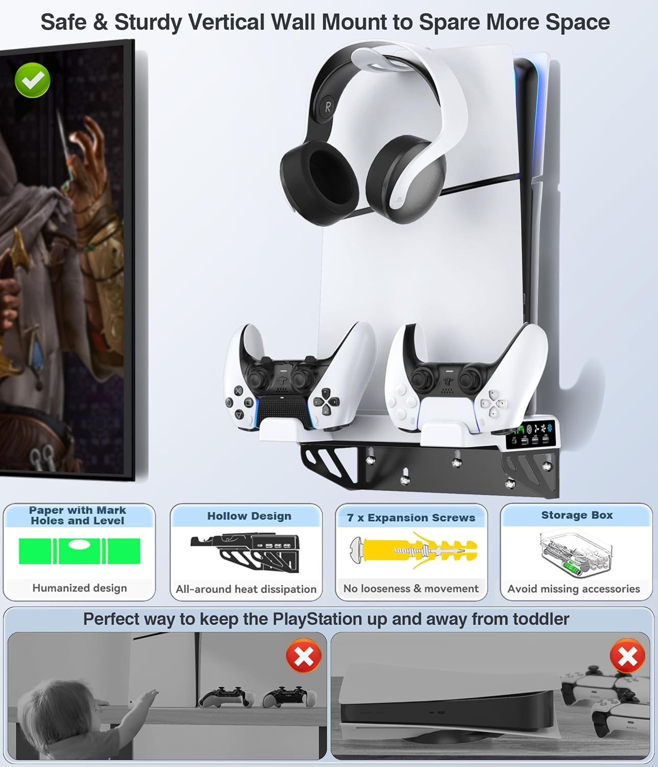 P5 Wall Mount Stand Kit Cooling Fan and Controller Charging Station PS5/PS5 Slim/PS5 Pro Disc and Digital