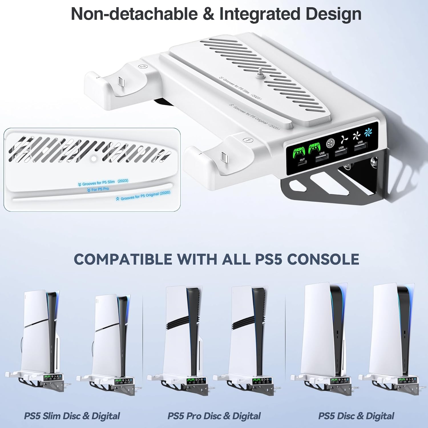 P5 Wall Mount Stand Kit Cooling Fan and Controller Charging Station PS5/PS5 Slim/PS5 Pro Disc and Digital