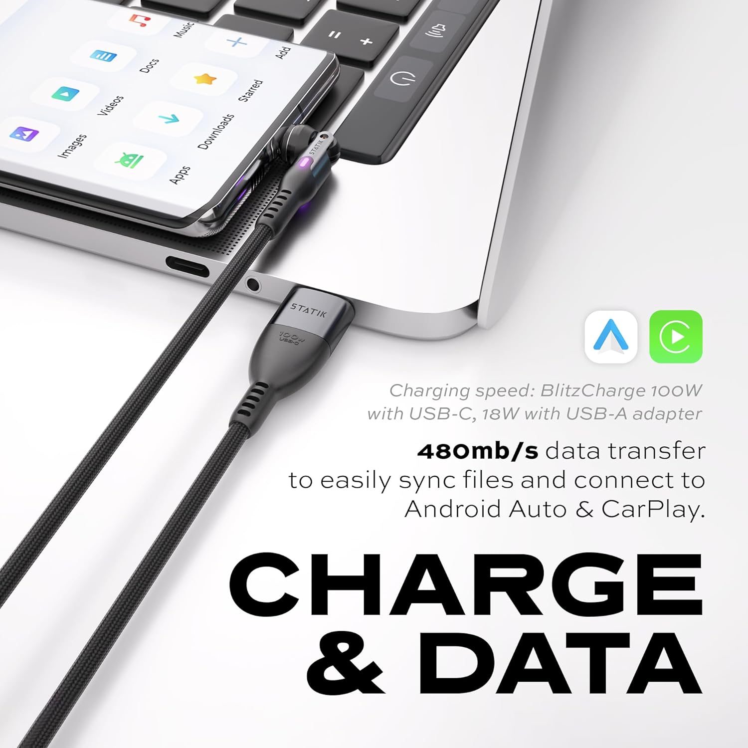 STATIK PowerPivot Pro 90 Degree Cable Fast Charging Cable Black - 2m