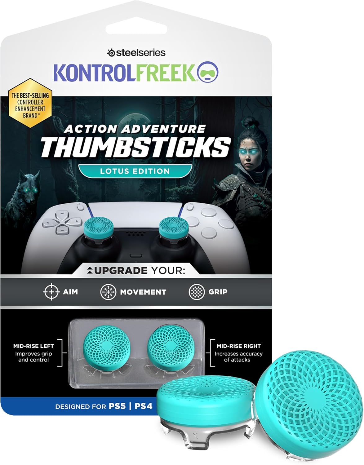 KontrolFreek Lotus for PS5 and PS4 Performance Thumbsticks | 2 Mid-Rise Concave | Teal/Clear