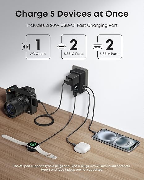 Anker Nano Travel Adapter, 5-Port Power Adapter with 1 AC, 2 USB-A, and 2 USB-C Ports