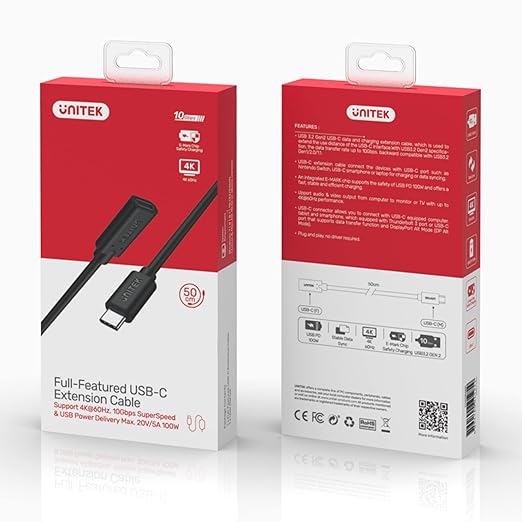UNITEK Full-Featured USB-C Extension Cable with 4K 60Hz, 100W ,10Gbps Data (USB 3.2 Gen2)-C14086BK-1.5M