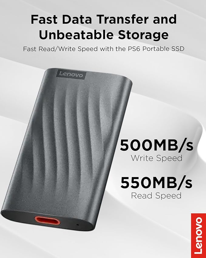 Lenovo PS6 Portable SSD External 512GB Type-C USB 3.2 Gen 1 With Upto 550 MB/s