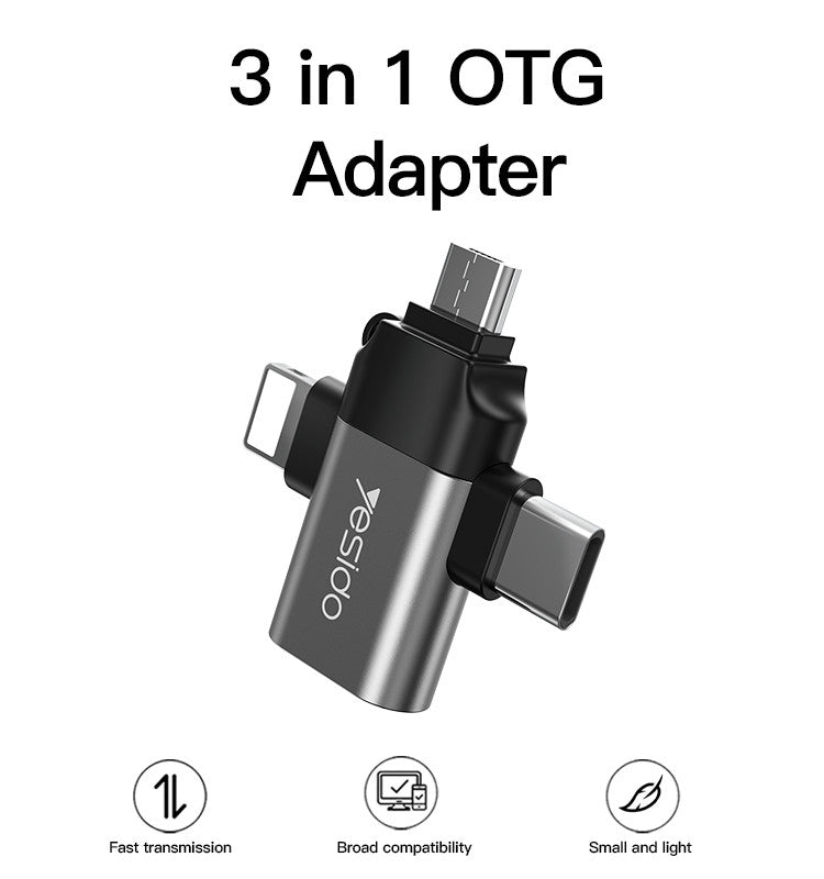 Yesido GS15 3 IN 1 USB To Type-C Micro Lightning OTG Adapter