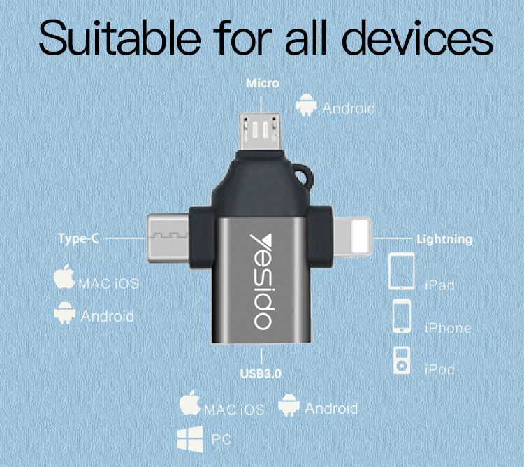 Yesido GS15 3 IN 1 USB To Type-C Micro Lightning OTG Adapter