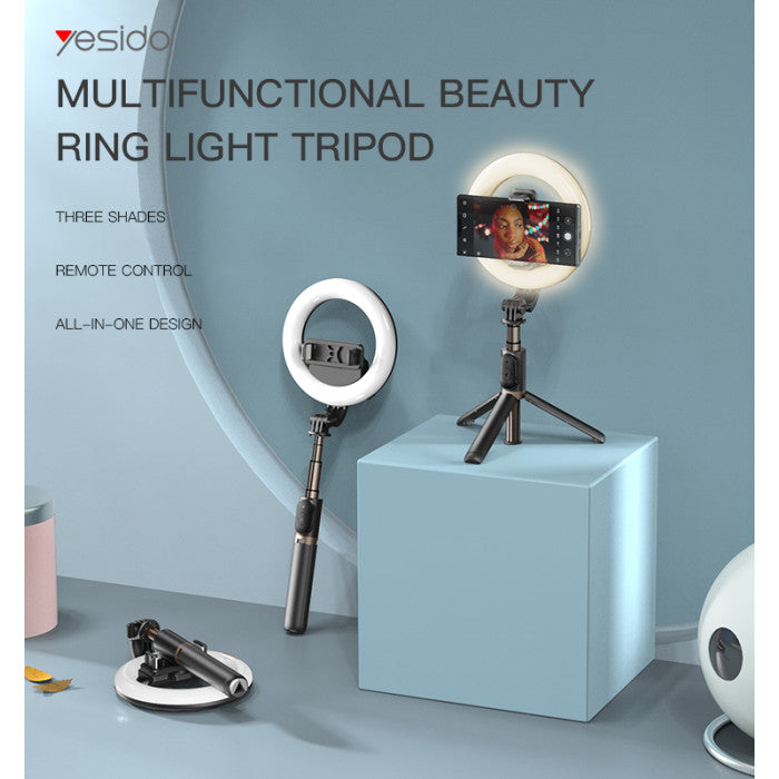 YESIDO SF12 Portable Telescopic Phone Holder Tripod Selfie Stick with Ring Fill Light