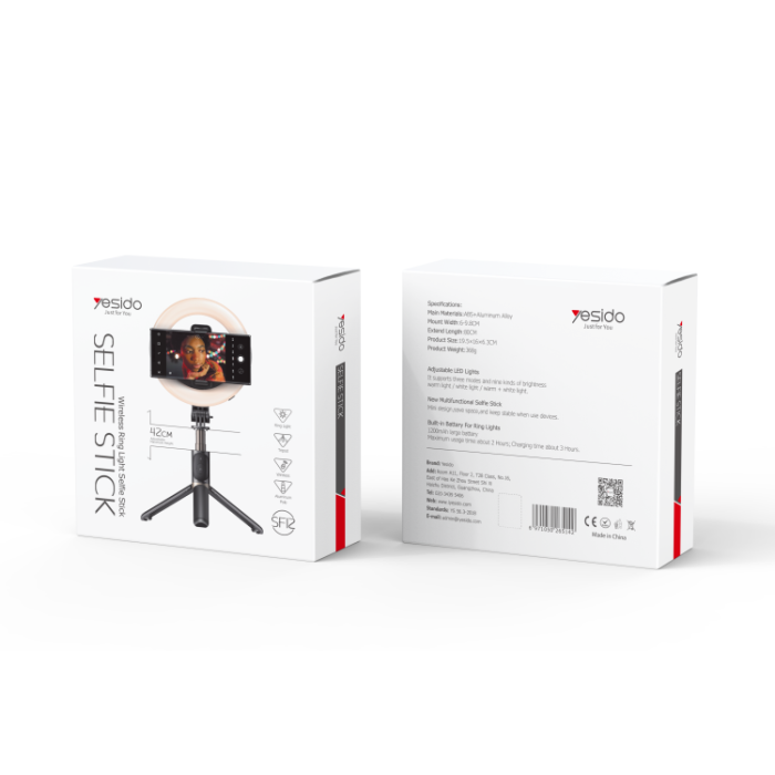 YESIDO SF12 Portable Telescopic Phone Holder Tripod Selfie Stick with Ring Fill Light