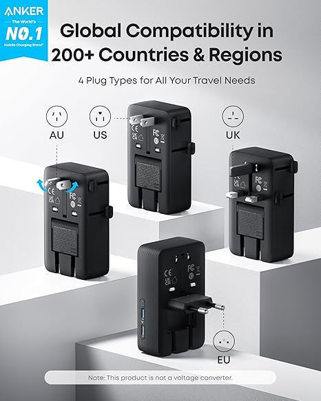 Anker Nano Travel Adapter, 5-Port Power Adapter with 1 AC, 2 USB-A, and 2 USB-C Ports