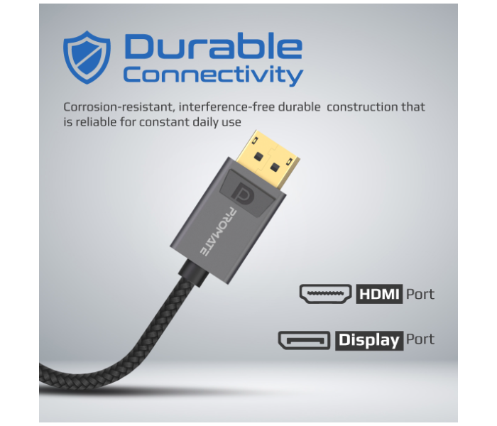 Promate Displayport To Hdmi Adapter With 4K Resolution Nylon Cable - Grey