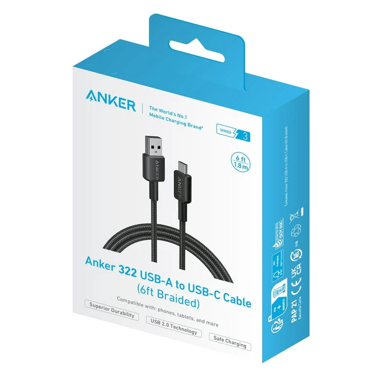 Anker 322 USB-A to USB-C 6ft Braided Cable A81H6H11 – Black