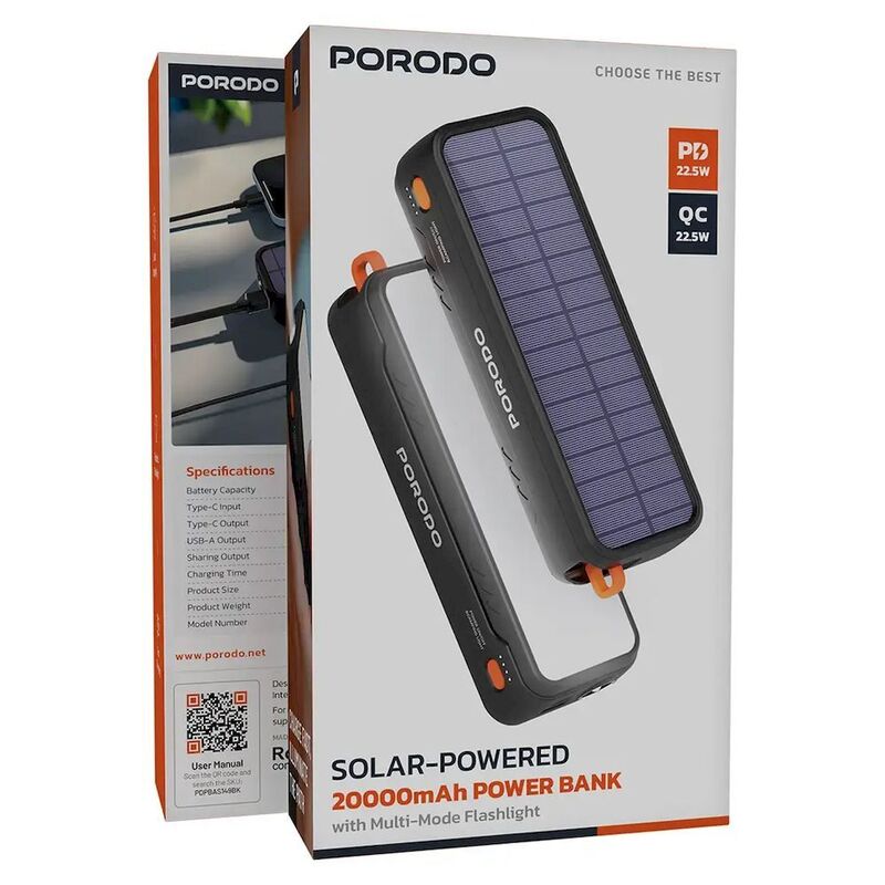 Porodo Solar-Powered 20000mAh Power Bank with Multi-Mode Flashlight - Black