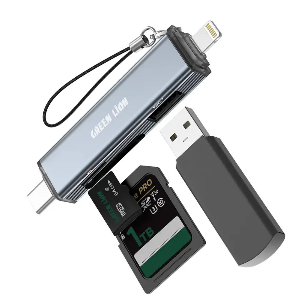 Green Lion 3 in 1 Card Reader with USB-C & Lightning Connectivity