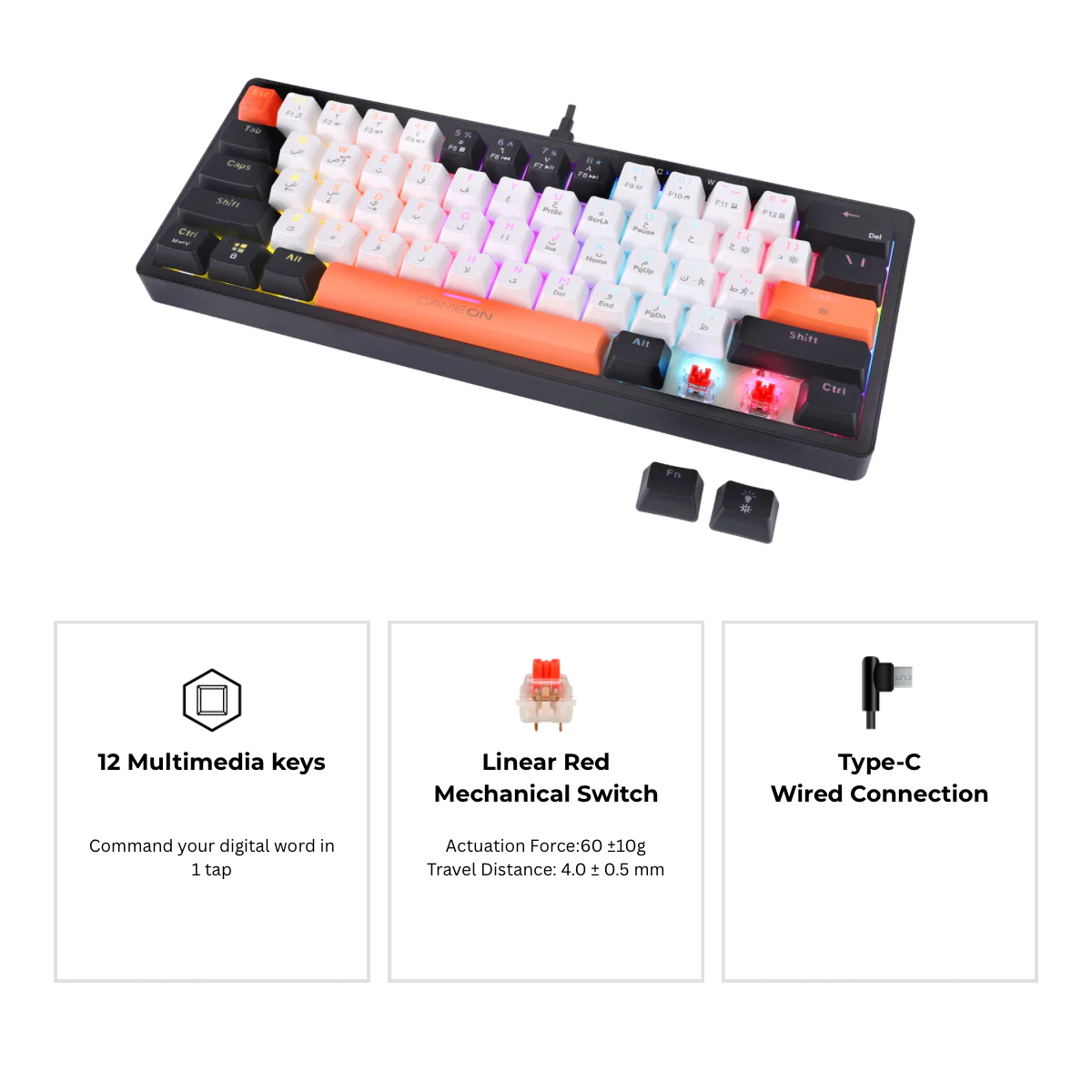 GAMEON AEROX Series GOMK160-RS 60% RGB Mechanical Wired Gaming Keyboard, Red Switch - English/Arabic