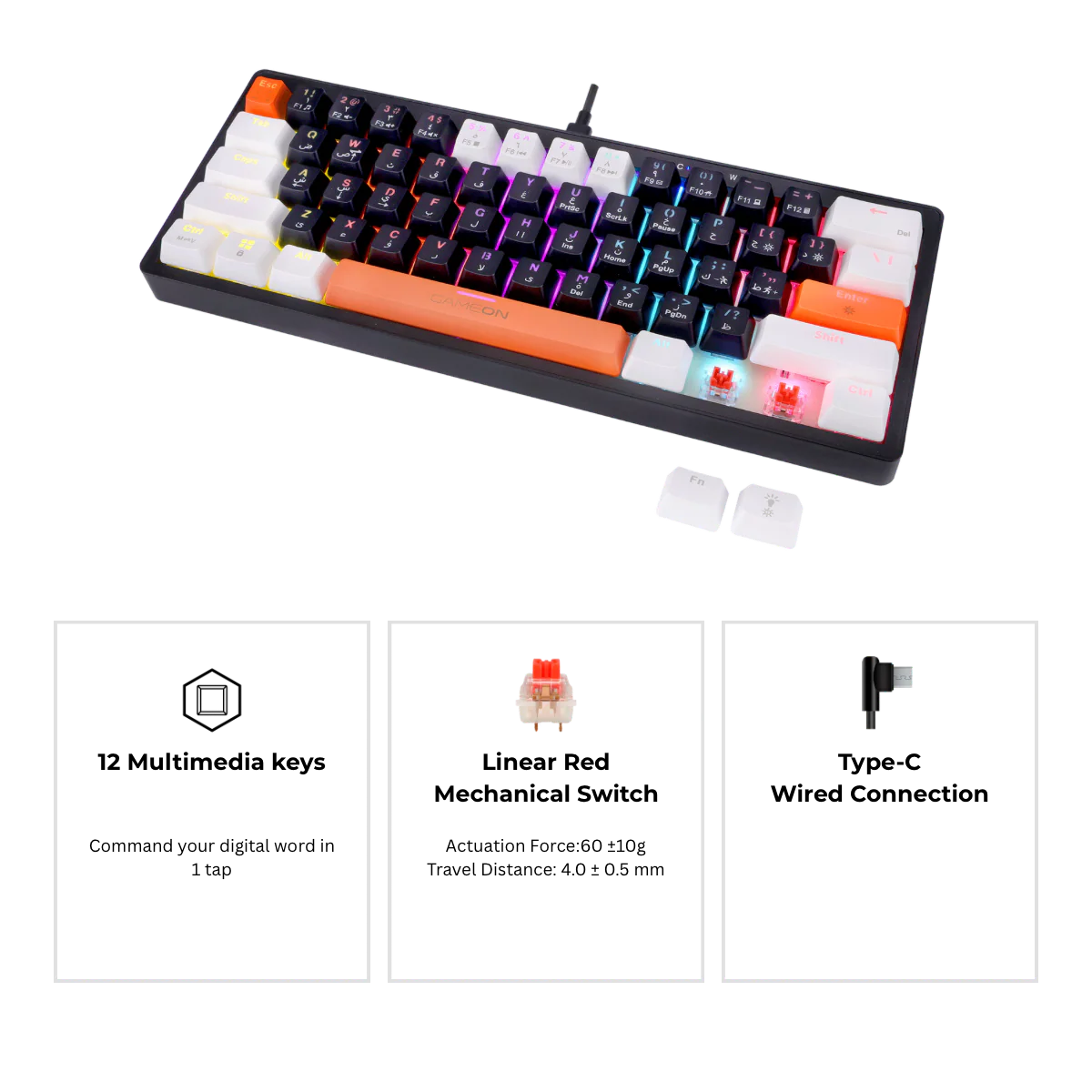 GAMEON AEROX Series GOMK60-RS 60% RGB Mechanical Wired Gaming Keyboard, Red Switch - English/Arabic
