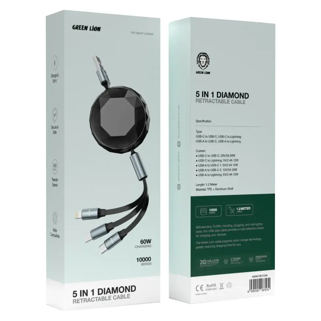 Green Lion 5 in 1 Diamond Retractable Cable - Black