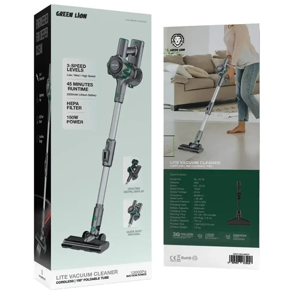Green Lion Lite Cordless Vacuum Cleaner with 180° Foldable Tube-GNVC16CLNRGY