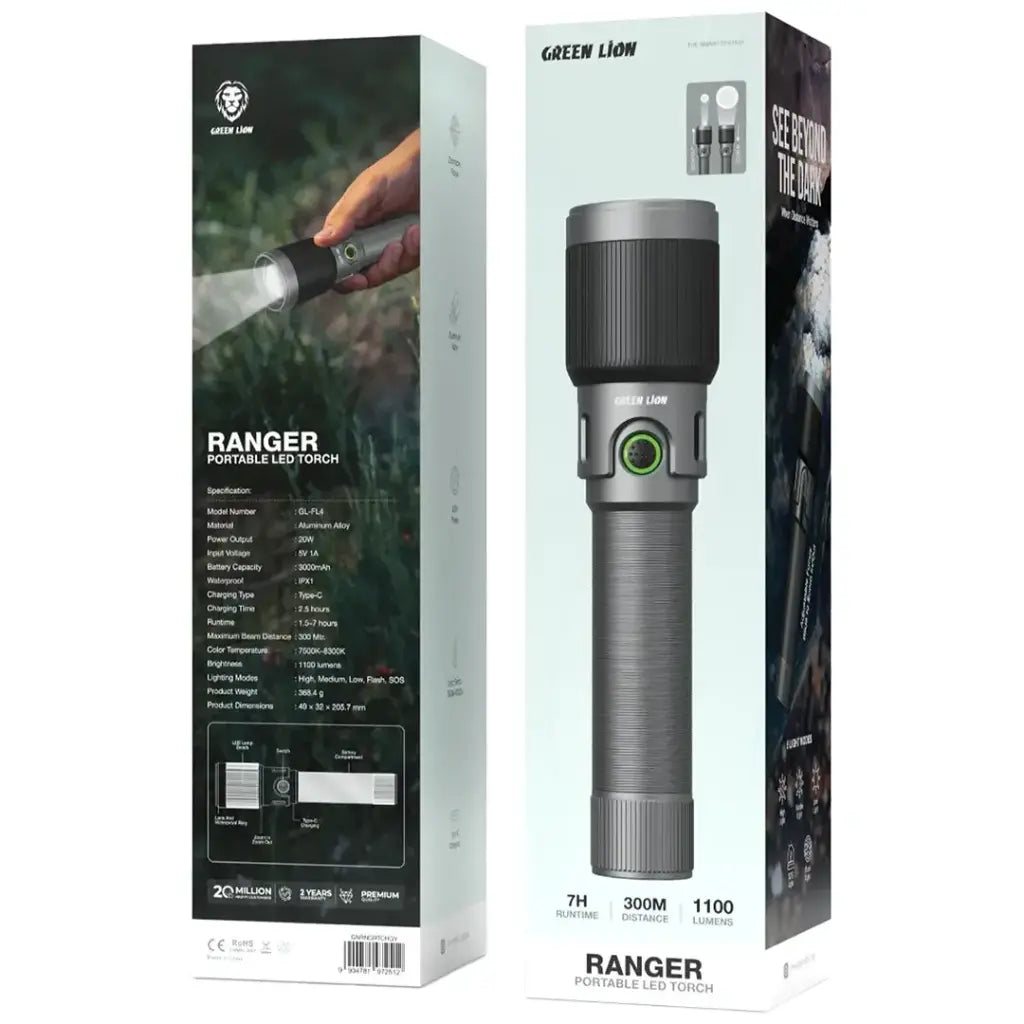 Green Lion Ranger Portable LED Torch - Gray GNRNGRTCHGY