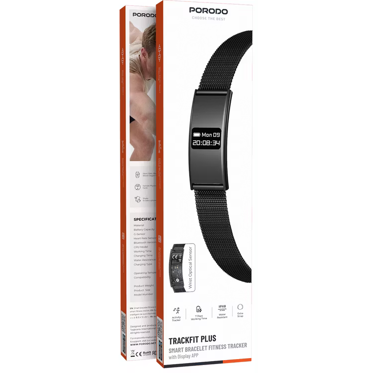 Porodo Trackfit Plus Smart Bracelet Fitness Tracker With Display App - Black