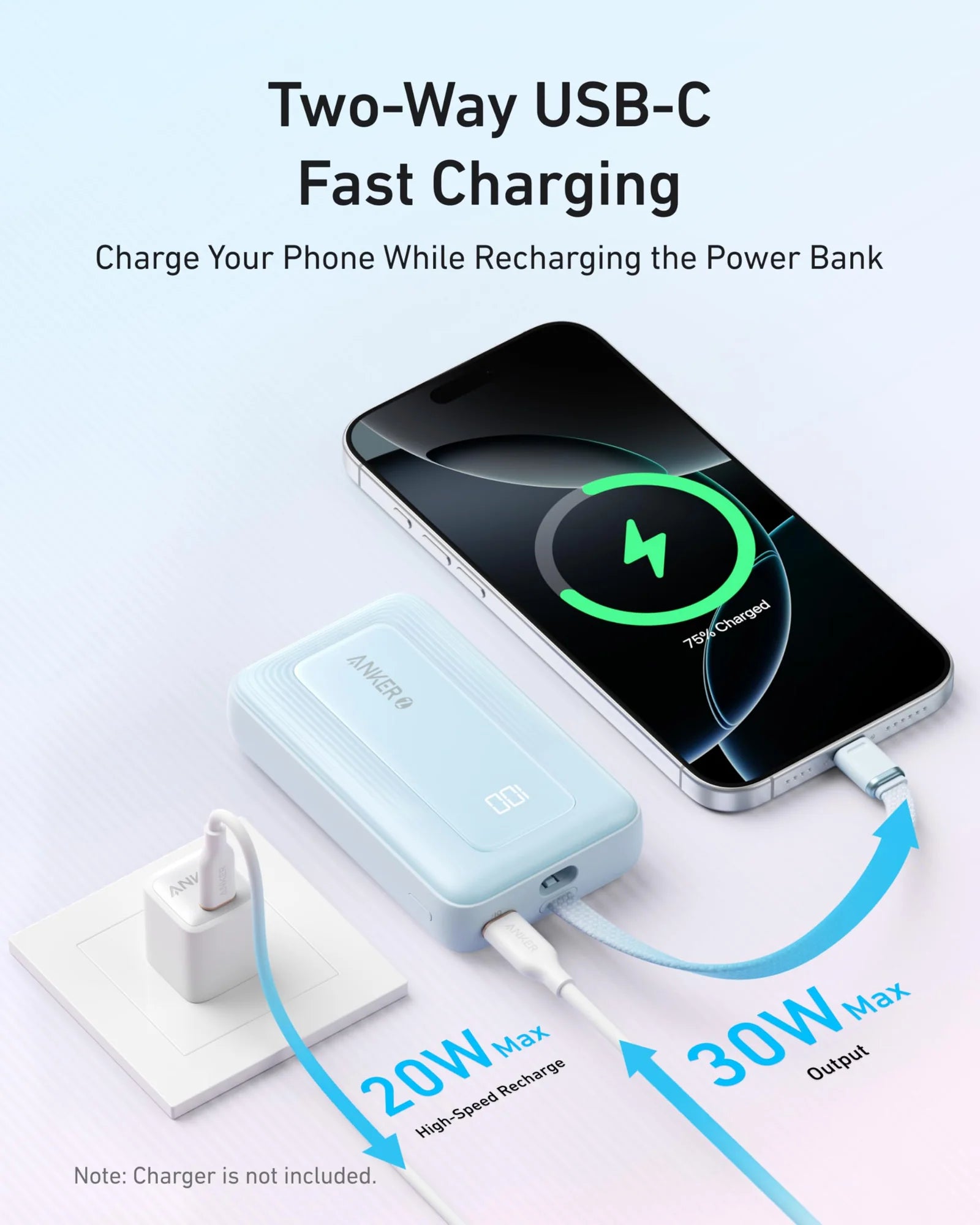 Anker Zolo Power Bank (10K, 30W) USB-C cable |White. | A1688H21