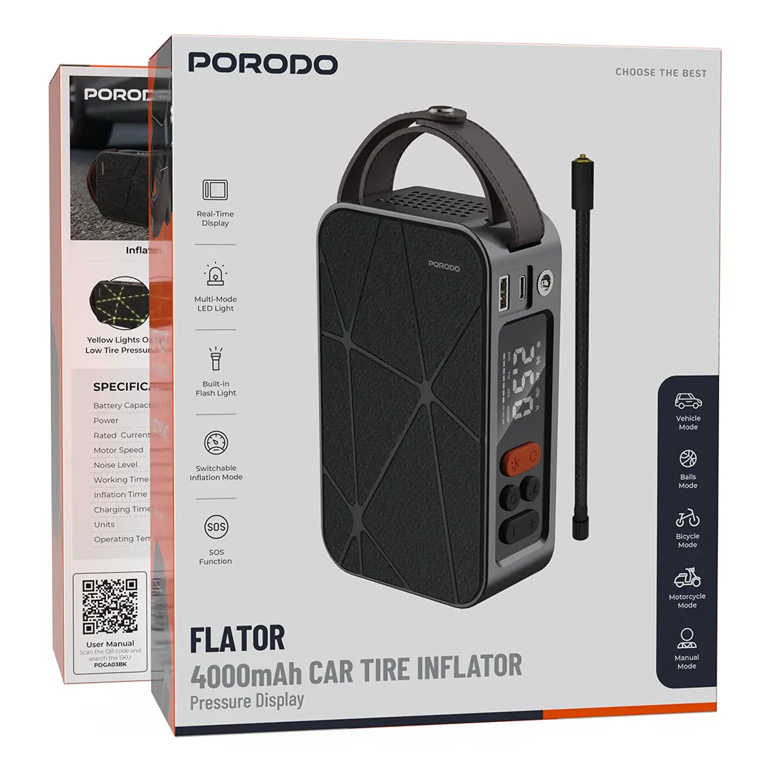 Porodo Flator 4000mAh Car Tire Inflator with Pressure Display - Black