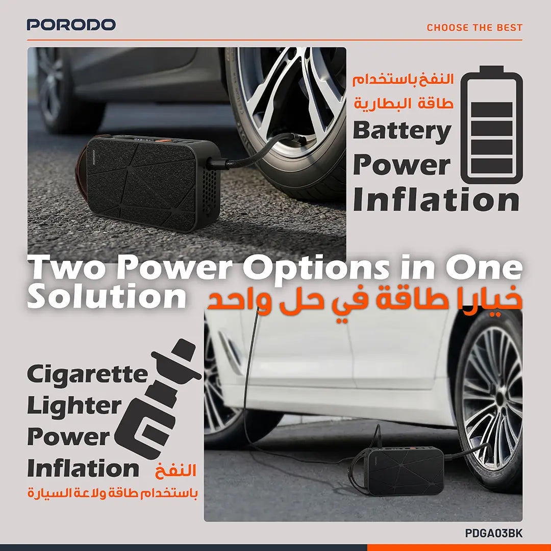 Porodo Flator 4000mAh Car Tire Inflator with Pressure Display - Black