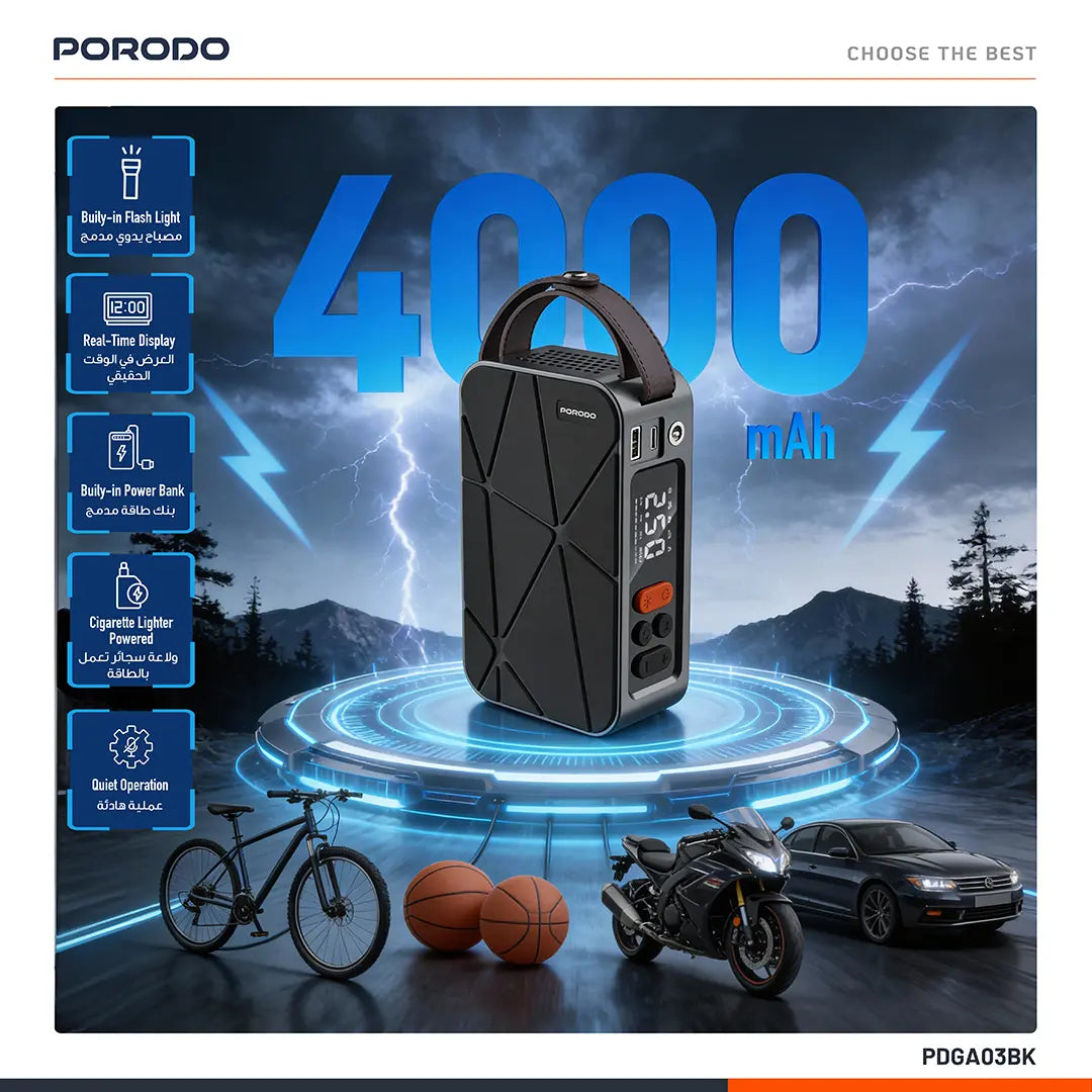 Porodo Flator 4000mAh Car Tire Inflator with Pressure Display - Black